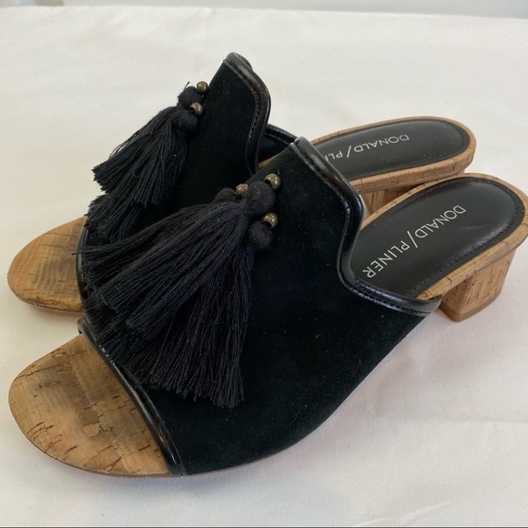 Donald J Pliner Marra Mules Slides Sandal Black Suede 6 Tassels Cork Low Heel - Picture 1 of 9